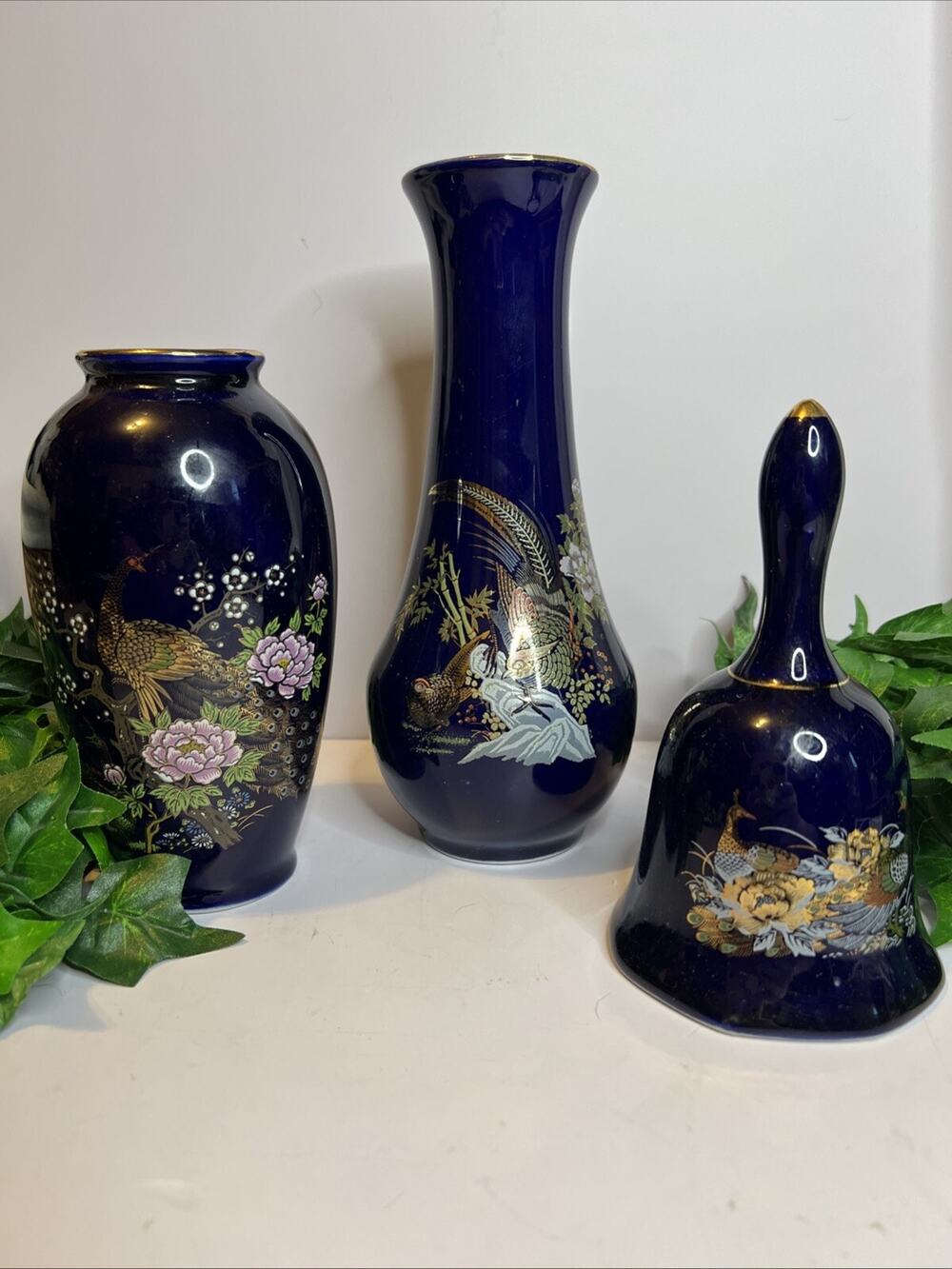 Lot Vintage Kutani Japan Large Cobalt Blue Vases And Bell Peacock Pheasant
